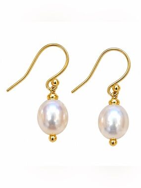 White Pearl Drop Earrings Gold Tone Fishhook Dangle Wedding Bridal